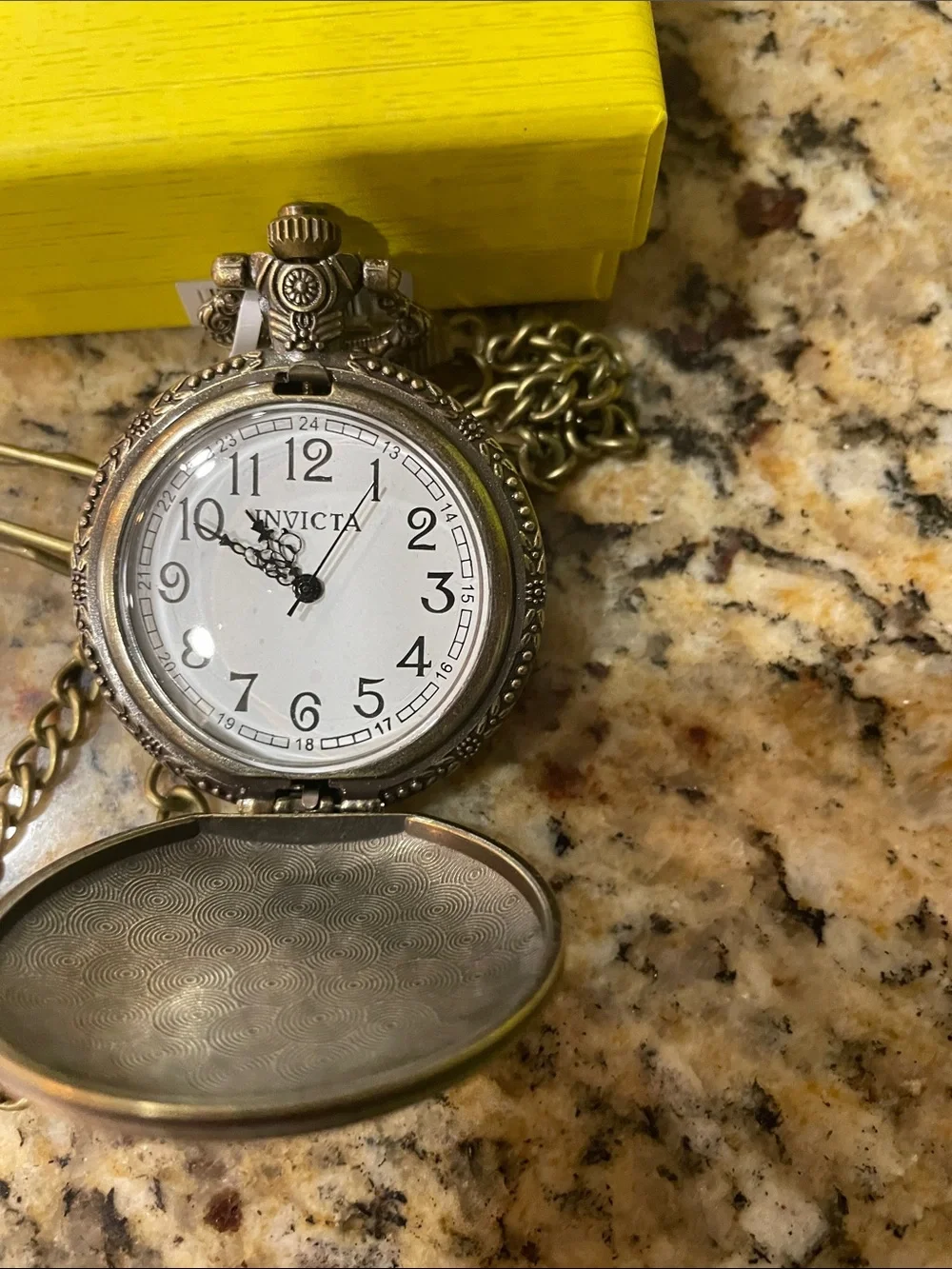 Invicta Brass-Tone Fish Embossed Pocket Watch with Chain